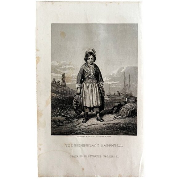 Fisherman's Daughter Engraving 1859 Victorian Nautical Seaside Art DWY5F - Picture 2 of 2